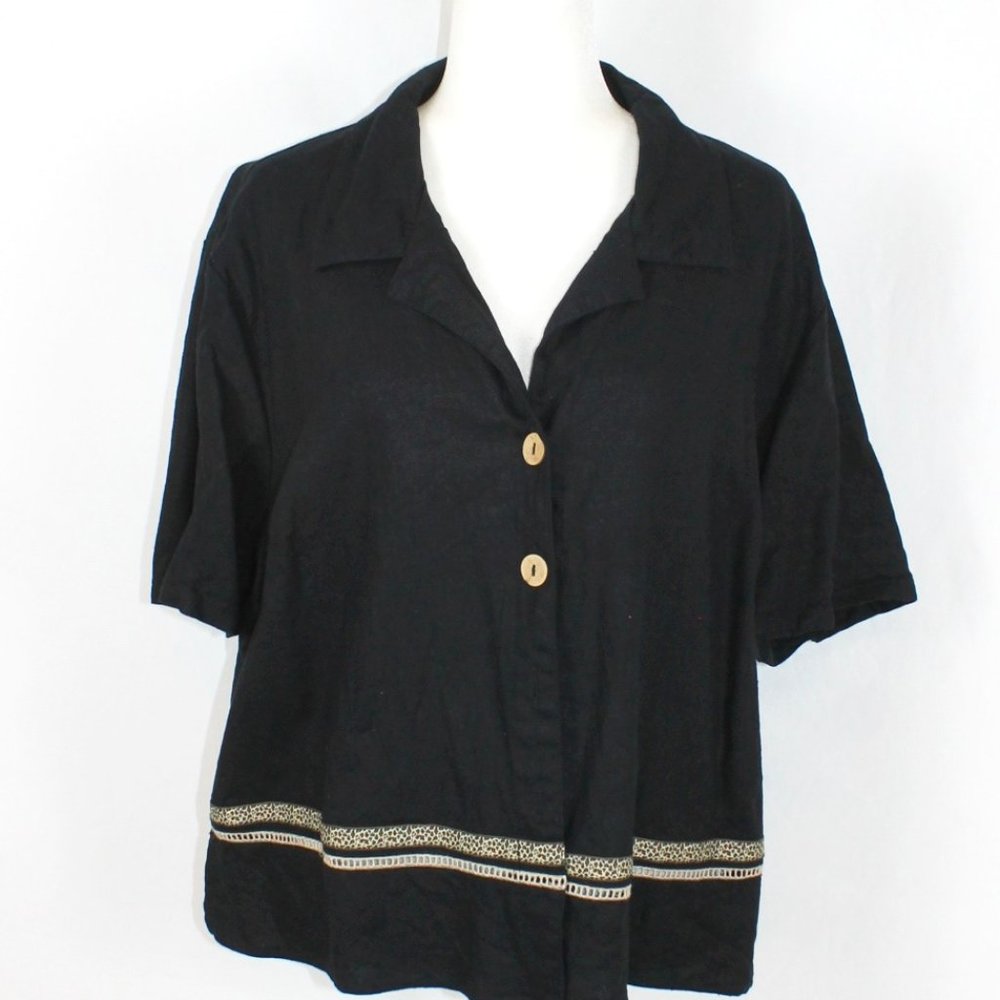 STUDIO EASE Blouse Woman Size 22W Black Collared Cheetah Stripe S/S Brown Button